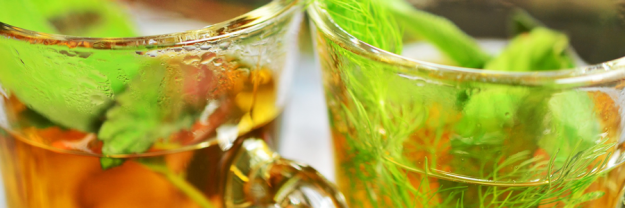 Chiropraktik statt Kräutertee Zwei Gläser mit Flüssigkeit und Minzblätter befüllt.