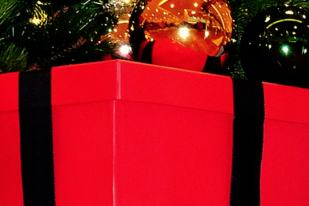 Ein rotes und blaues Geschenk liegen unter einem Weihnachtsbaum mit goldenen Kugeln.