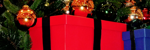 Amerikanische Chiropraktik in Köln – gesund heben Ein rotes und blaues Geschenk liegen unter einem Weihnachtsbaum mit goldenen Kugeln.