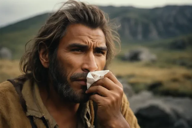 Ein Neandertaler putzt sich die Nase Ein Neandertaler putzt sich die Nase mit einem Taschentuch