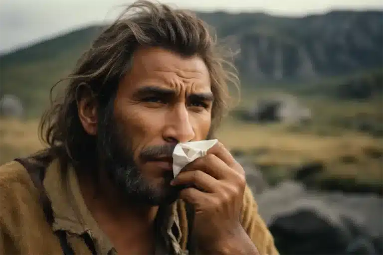 Ein Neandertaler putzt sich die Nase mit einem Taschentuch