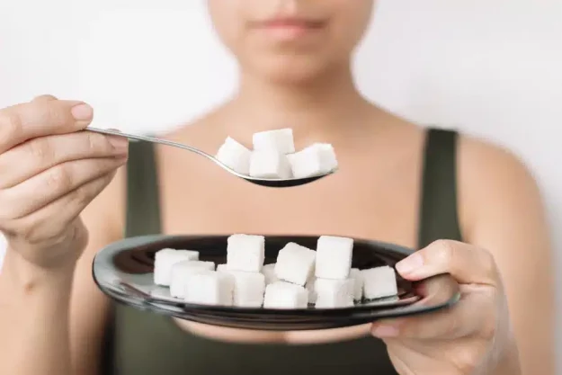Darm und Zucker_900x600 Eine Frau hält einen Löffel und einen Teller mit Zuckerwürfeln in die Kamera.